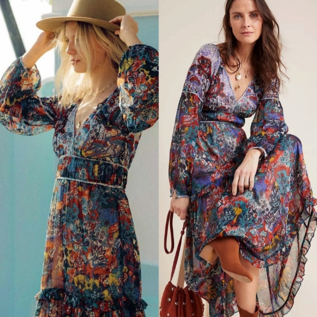 Anthropologie Maeve Annabella Floral Maxi Dress Size 0 Black Boho New Nwt